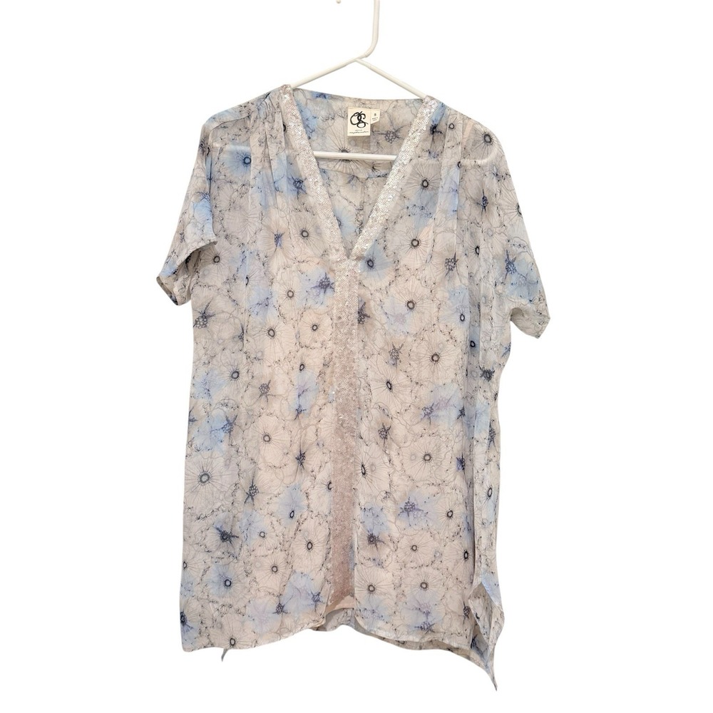 Sheer Pastel Floral Chiffon Sequin Top S Fairy Cottage Garden Party Ethereal